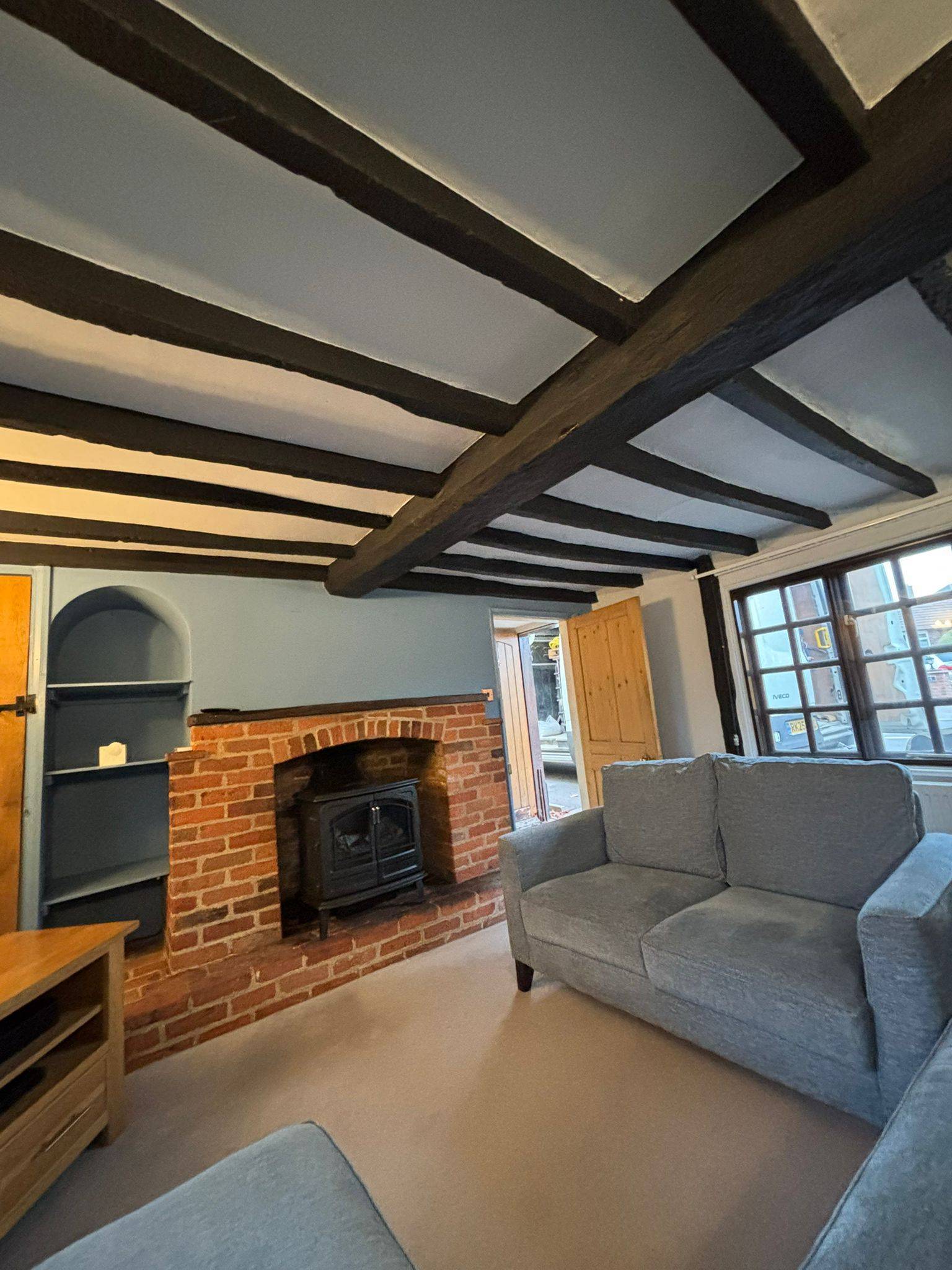 Brightened oak beams after sandblasting